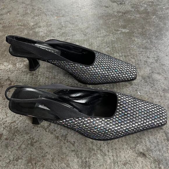 J. Reneé Women's Black and Silver Sling Back Kitten Heel Mules - Picture 2 of 8